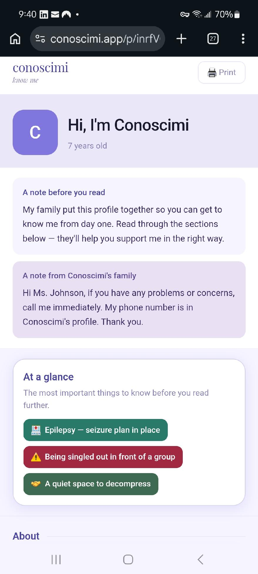 Profile header and at a glance