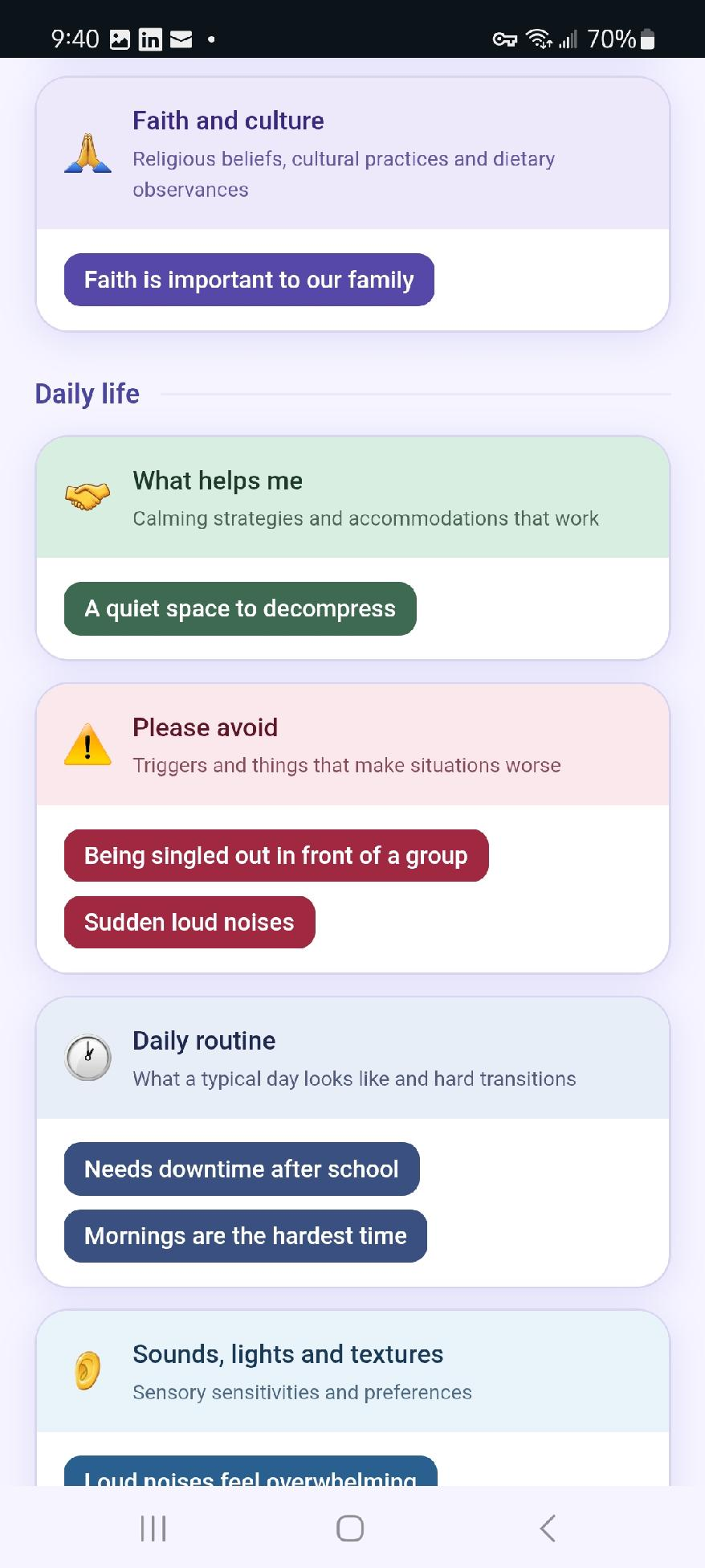Daily life sections